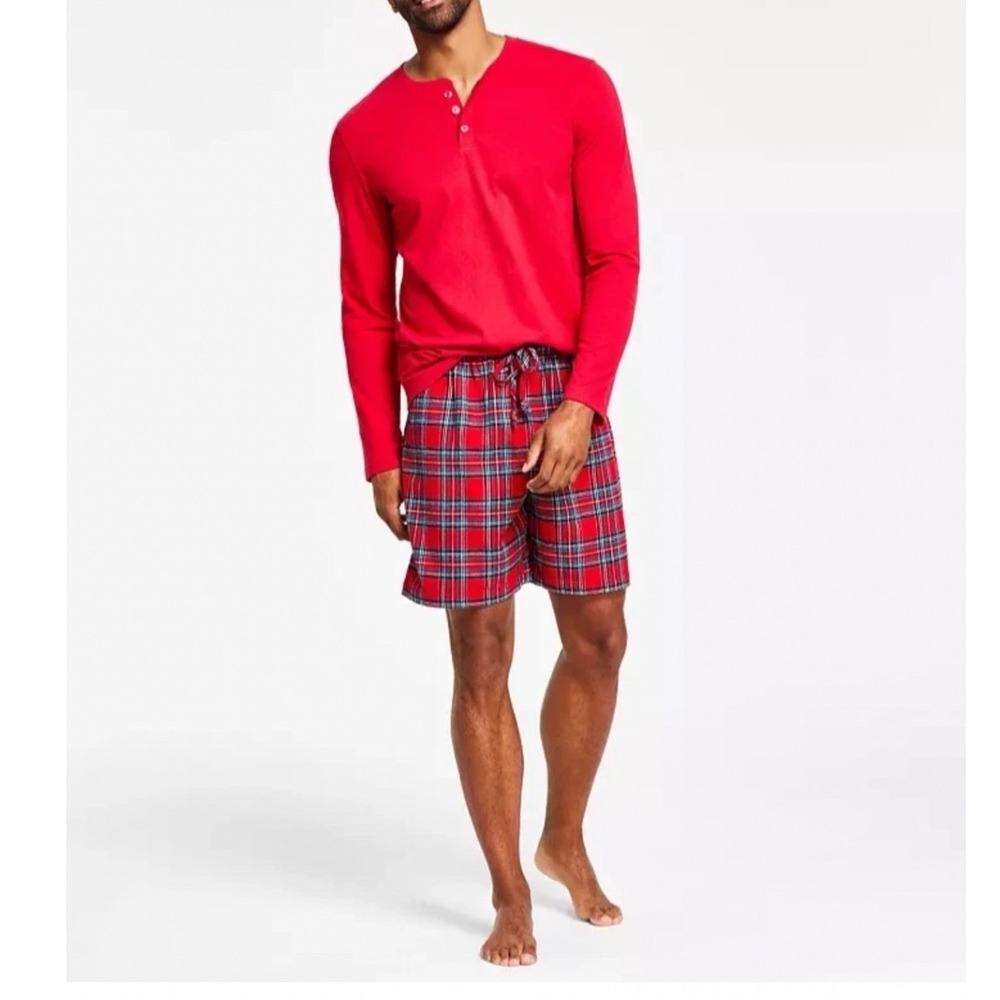 Mens Red Henley Top and Plaid Shorts Set 2 Piece Sleepwear Medium